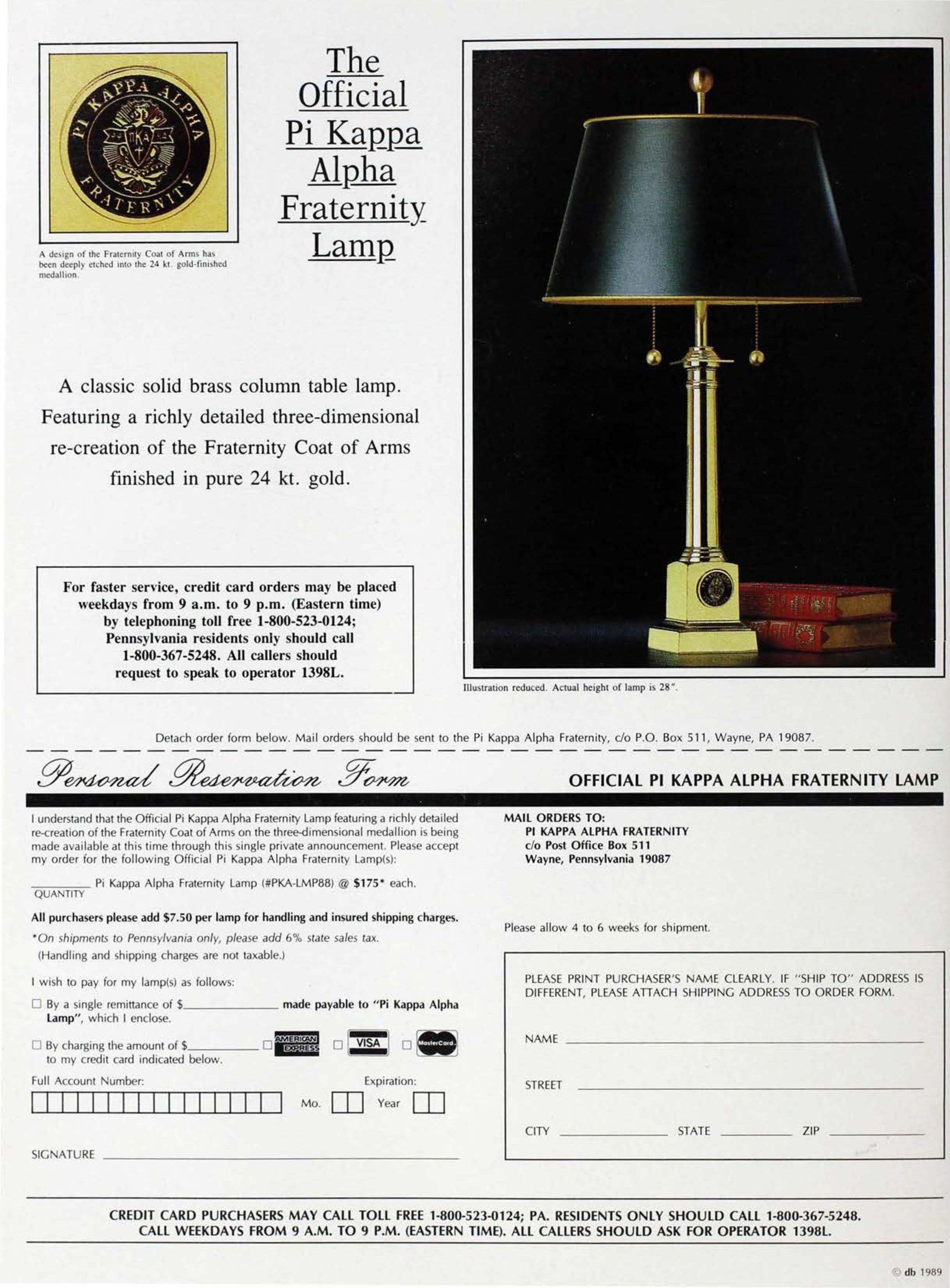 The Official Pi Kappa Alpha Fraternity Lamp Advertisement, June 1989